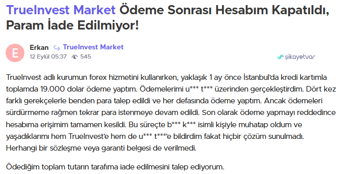 trueinvest şikayet