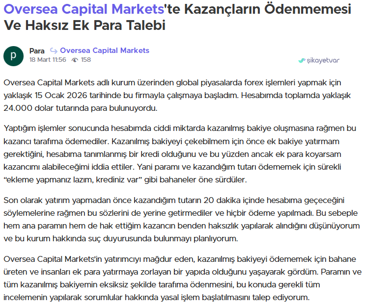 oversea capital markets şikayet