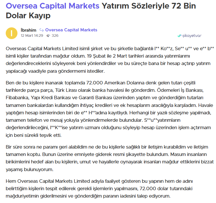 oversea capital markets şikayet